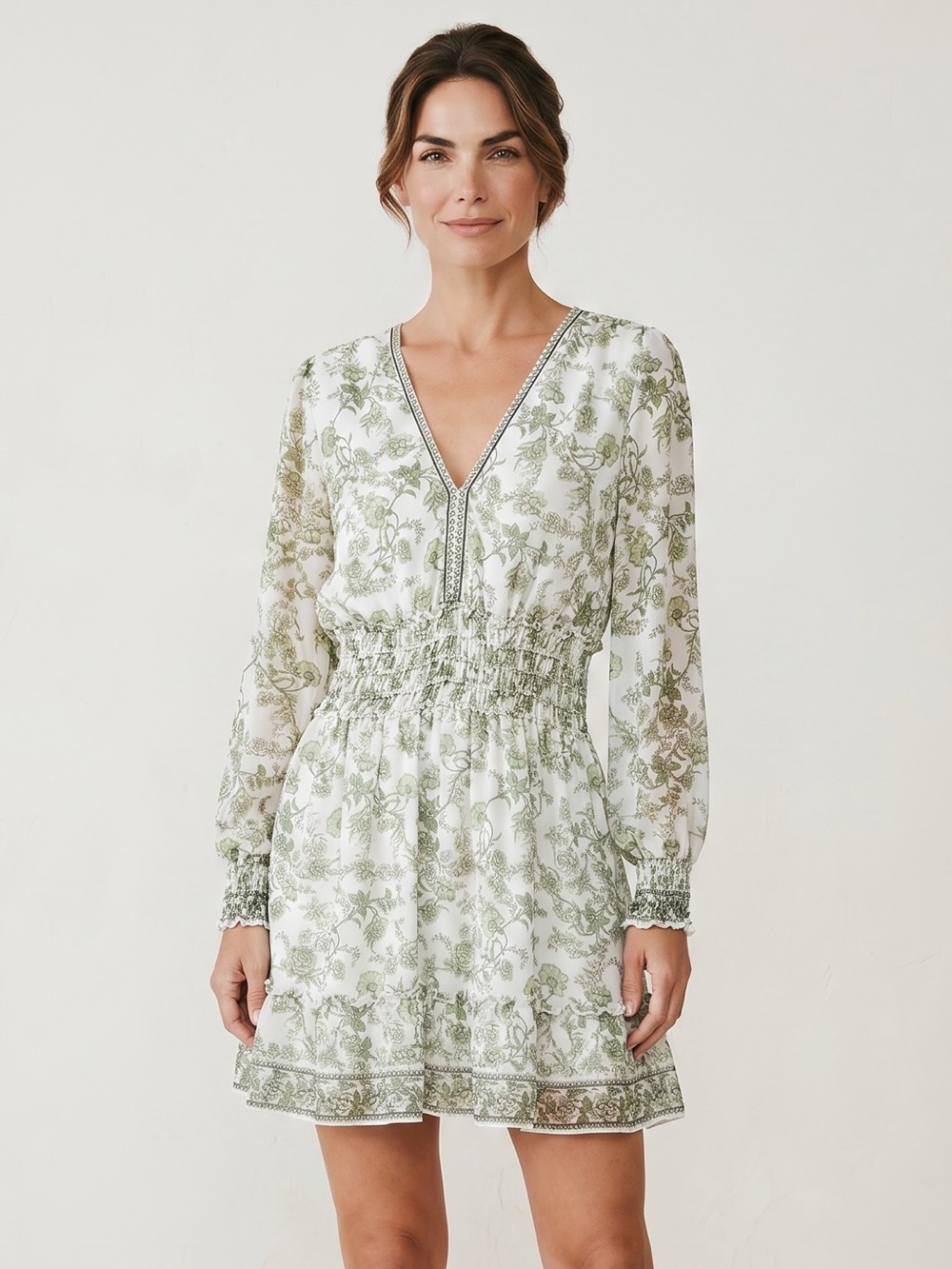 Max Studio Floral Smocked Mini Dress Sage Green Cottagecore Romantic Dress Large